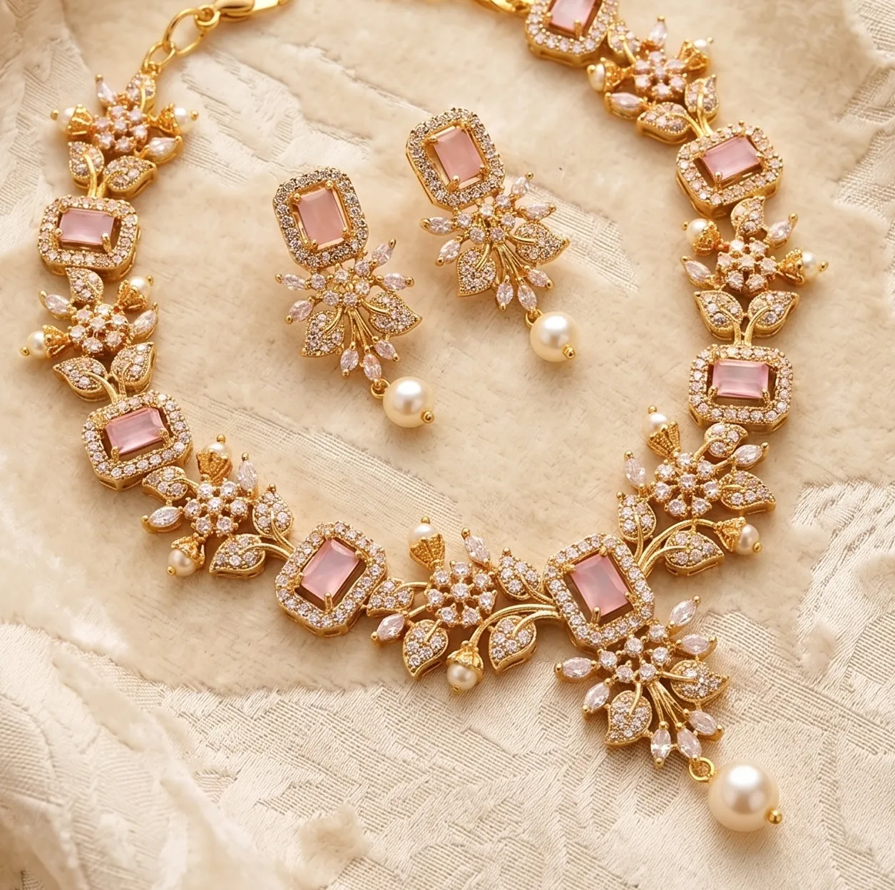 Blush Rose Quartz & Vine Polki Choker Set